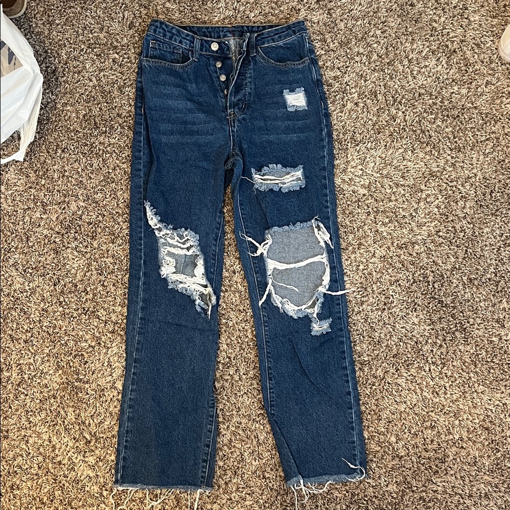 SHEIN Dark Blue Distressed Straight Leg Jeans